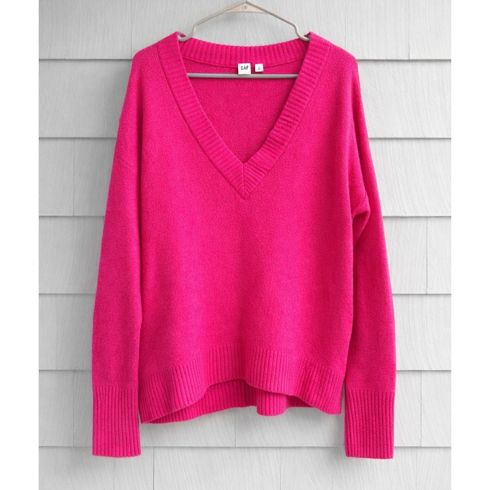 Gap Hot Pink Alpaca Blend Sweater Womens L V Neck Soft Cozy Knit